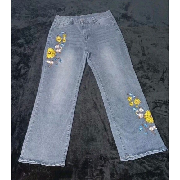 Unbranded Denim - Y2K Hippie Flower Embroidered High Waisted Wide Leg Flare Denim Jeans XL 70s 90s